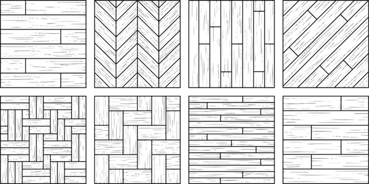 Set of eight seamless wood flooring patterns featuring various plank arrangements including herringbone and basket weave designs in a clean black and white vector illustration