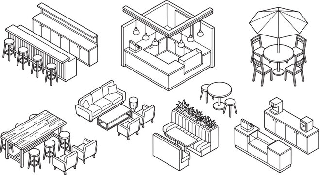 Isometric cafe and restaurant furniture set with tables chairs booths and bar counters in line art style