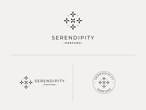 Luxury perfume logo design template, elegant cosmetic brand identity kit with floral icon vector