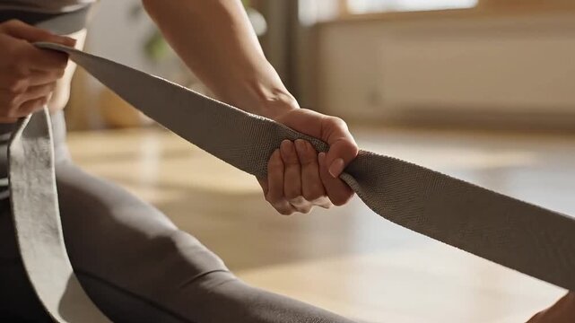 Person stretches leg muscles using a grey yoga strap to increase flexibility and improve range of motion.