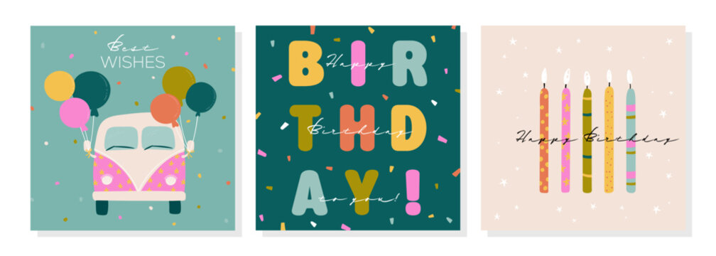 Set of lovely hand drawn birthday cards with balloons and decoration, universal artistic templates