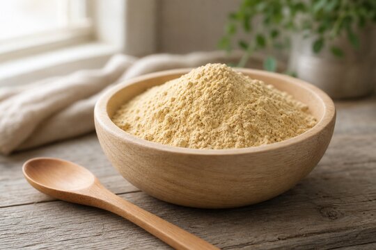 A shallow wooden bowl filled with fine pale yellow maca powder and a spoon.