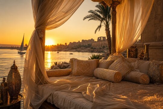 A lavish daybed with sheer fabric on a riverbank at sunset, warm golden hour light, serene.