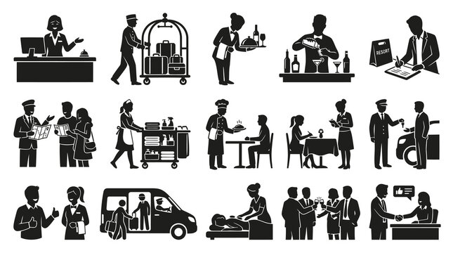 Black  White Hotel Hospitality Icons: Concierge, Bellboy, Waiter, Driver, Chef