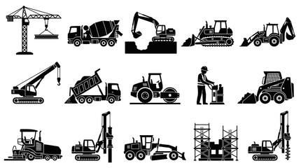 Fototapeta premium Construction Equipment Icons - Black and White Glyph Set