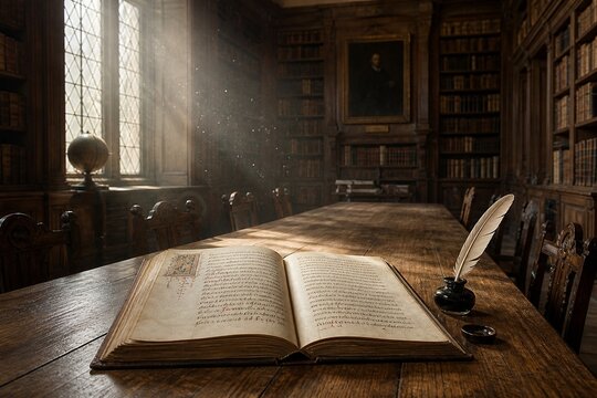 Wooden library table with manuscript, quill and inkwell in dust motes.