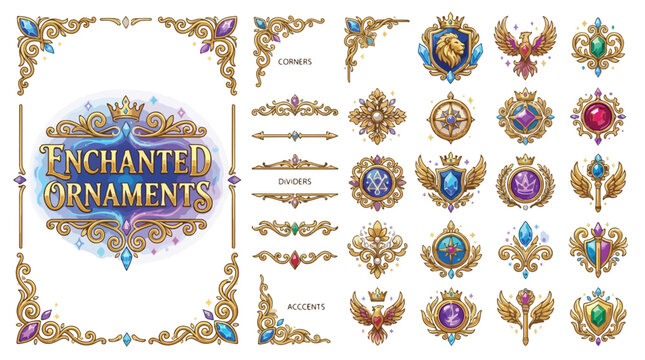 Enchanted Ornaments collection, luxury gold filigree borders and corners, fantasy game UI elements with magical gemstones, royal heraldic icons vector set