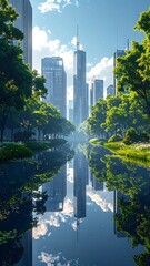 Fototapeta premium Cityscape with river and green trees.