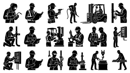 Fototapeta premium Skilled Tradesmen and Industrial Workers Silhouette Icons Set in Black and White Vector Art