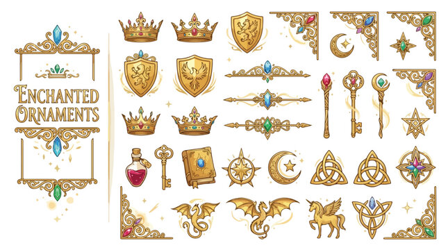 Enchanted Ornaments collection, golden fantasy vector elements with crowns and dragons, magical medieval icons for game design and branding