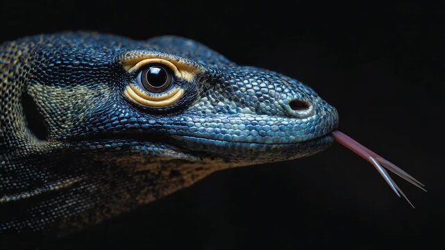 A close-up portrait of a monitor lizard head, revealing details of scales and a forked tongue