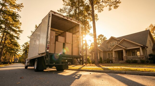Moving truck full of cardboard boxes parked at a suburban home during sunset.