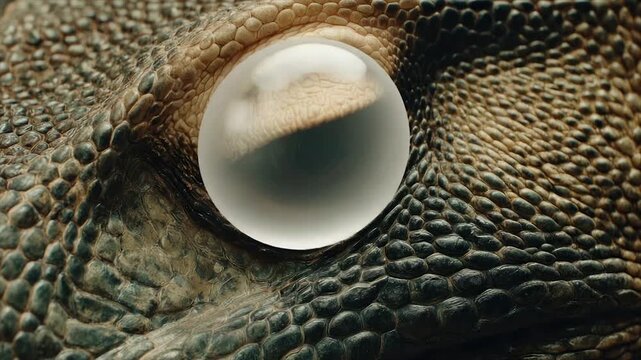 Close-up of a reptile's eye, showcasing detailed textures and scales in earthy tones