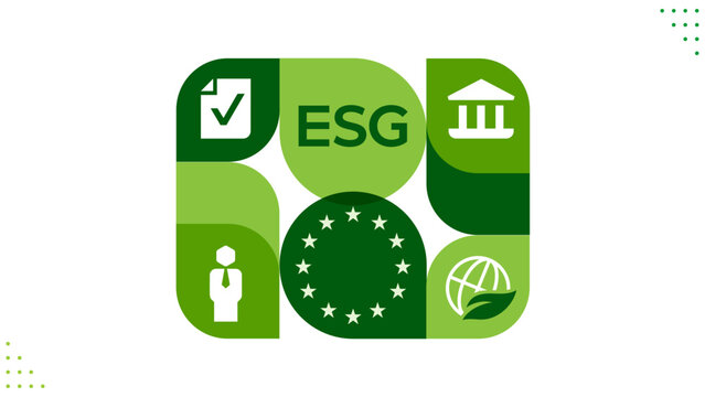 ESG Compliance and Green Finance Vector Template with Sustainability, EU Tax and Corporate Governance Icons