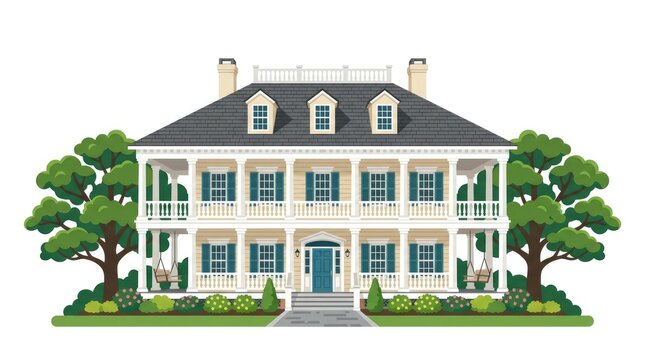 A grand two-story house with a wide porch and dormer windows, flanked by two lush trees. The architecture features detailed shutters and a stately entryway