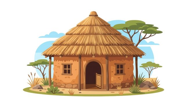 A traditional African hut with a thatched roof, set in a dry, grassy landscape with acacia trees. The hut is made of mud and has a small, open doorway.