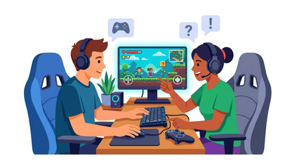 Two friends playing video games together on computer. © Areda