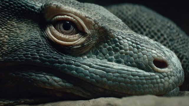 Macro shot of a reptile's face, showcasing detailed skin texture, eye, and nostril