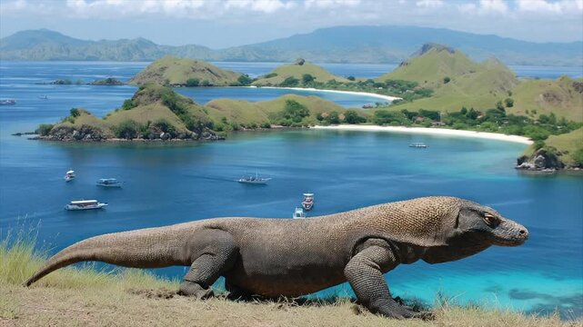 A Komodo dragon overlooks a tropical bay with turquoise waters and boats. Mountains line the horizon