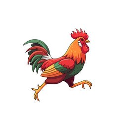 A vibrant illustration of a colorful rooster running across a white background © Bayar