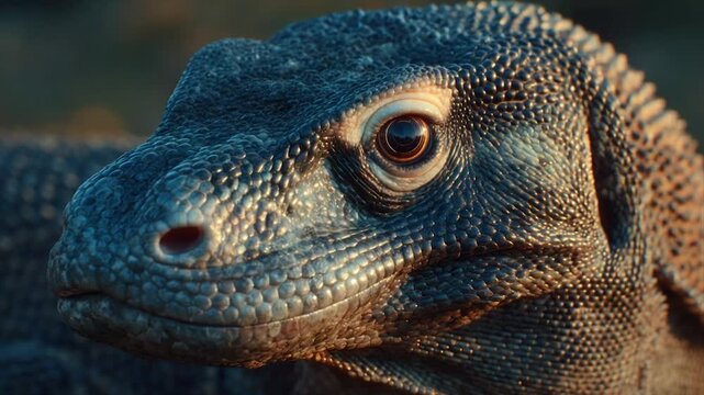 Close-up of a reptile head, textured scales, detailed eye, soft light, natural setting