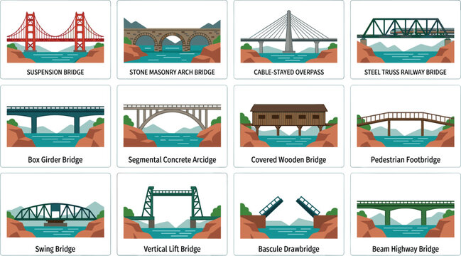 Flat Design Bridge Types Collection Set with Suspension Arch Truss Wooden Swing and Drawbridge Vector Illustration