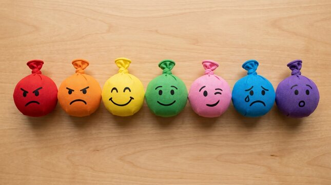 A line of seven colorful fabric stress balls with various facial expressions arranged horizontally on a light wood grain surface