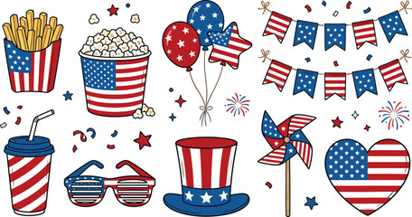Obraz premium American holiday icons with celebratory elements in a festive doodle style