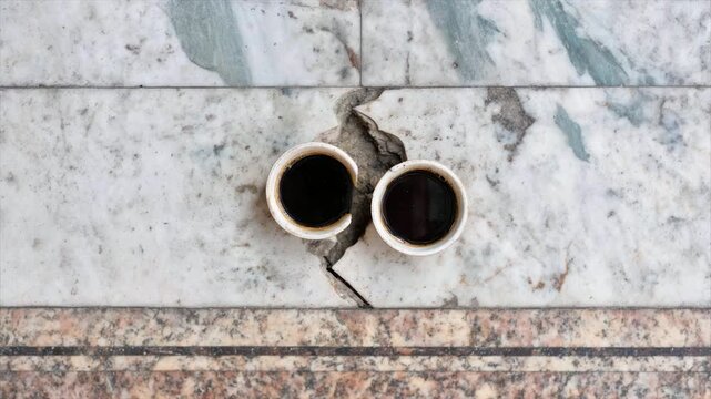 Two cups of dark liquid sit on a marble surface bisected by a crack