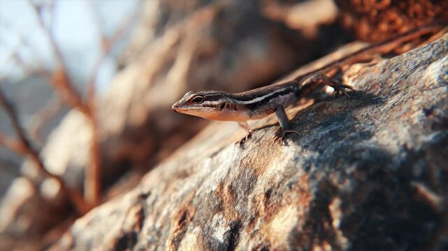 A lizard perches on a weathered rock, its striped body highlighted by sunlight
