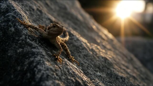 A small lizard clings to a sunlit rock surface, bright light in the distance