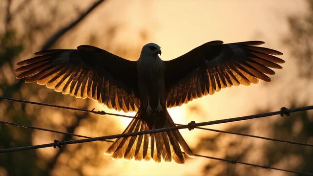 A raptor with wings spread against a warm sunset, backlit on wires