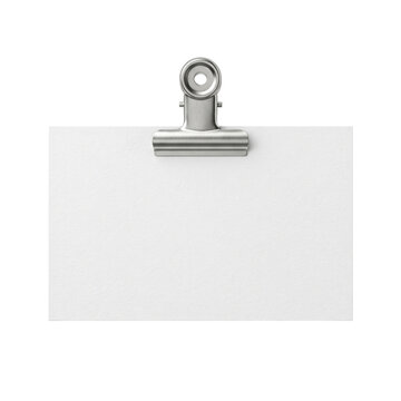 Blank white rectangular card held by silver metal clip