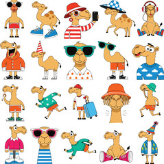 Fototapeta premium Funny Cartoon Camel Character Set Isolated on Transparent Background
