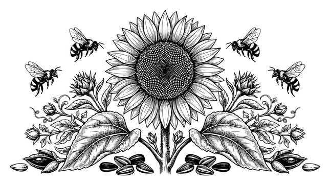 sunflower illustration, bees and sunflower, sunflower with bees, vintage sunflower, bee illustration, black and white sunflower, detailed floral engraving, sunflower seeds, botanical illustration, nat