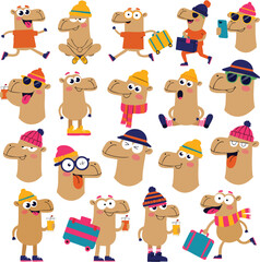 Fototapeta premium Funny Cartoon Camel Character Set Isolated on Transparent Background