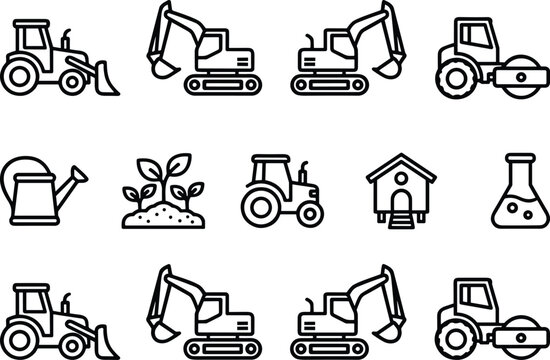 Agriculture farming tools and heavy construction machinery linear outline vector icon set