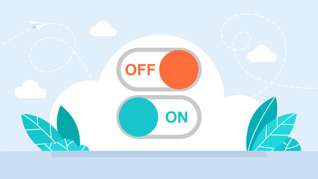 Choice between on and off modes, flat toggle switch buttons representing active or inactive status, control panels, power logic and business settings. Vector illustration.