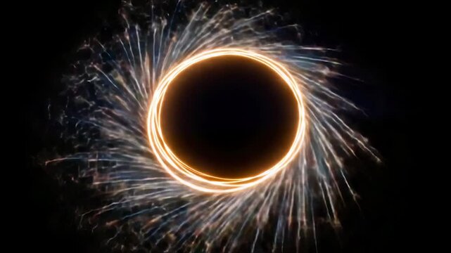 Glowing portal with a dark center surrounded by energy streams against a black background