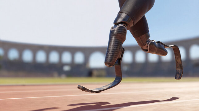 Running prosthetic leg on track with stadium background, dynamic motion and athletic energy captured in sunlight