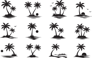Fototapeta premium Palm tree silhouette icon set tropical beach symbols collection with black summer graphic elements