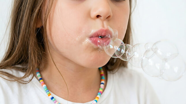 Cute young girl blowing iridescent soap bubbles from her mouth against a white background