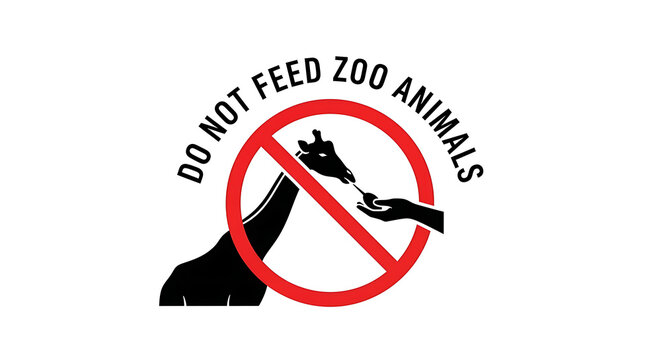 Do not feed zoo animals sign with a giraffe and a human hand holding food, isolated on white background