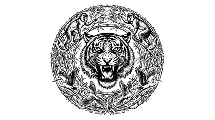 tiger head illustration, roaring tiger, jungle animals, bamboo frame, monkeys birds, wildlife crest, circular animal art, black and white tiger, wild cat engraving, nature mandala, hand drawn outline  © Tanbin