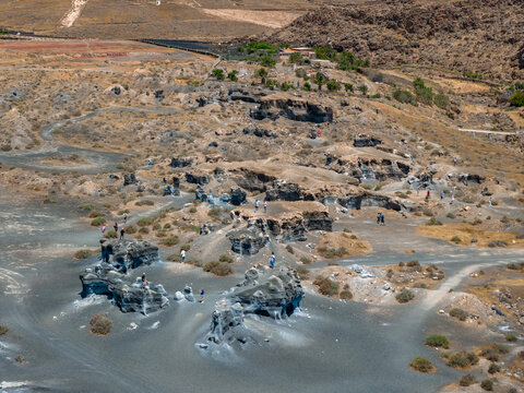 Aerial view of Aerial View of the Eroded Volcanic Ash Formations at Ciudad Estratificada in Lanzarote