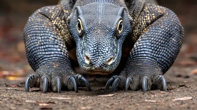 A close-up, frontal portrait of a large lizard with a scaly head, sharp claws, and intense gaze