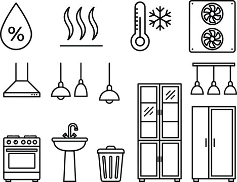 Kitchen and climate control line icon set for house appliance and interior concept
