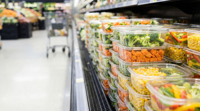 Prepackaged vegetable salad containers stacked on supermarket shelf with shopping cart in background
