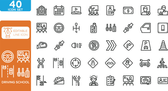 Driving school transportation line editable Icons set. Vector illustration. 32 line icons for automotive education. on transparent background.