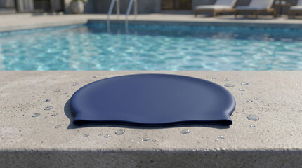 Obraz premium Blank navy blue silicone swimming cap mockup on wet pool edge